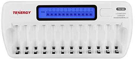 Tenergy TN160 12-Bay Smart Battery Charger: LCD Display and Refresh Function for AA or AAA NiMH and NiCd Rechargeable Cells with AC Wall Adapter