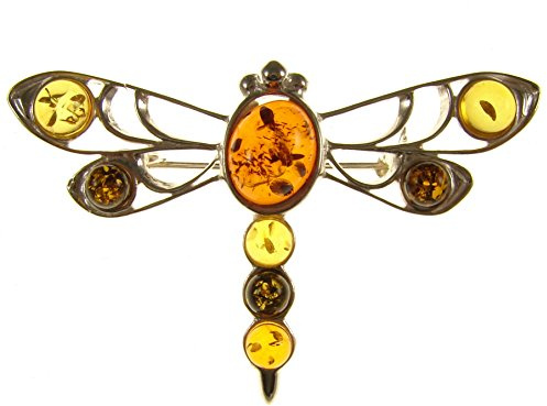 Baltic amber and sterling silver 925 multi-coloured dragonfly brooch pin