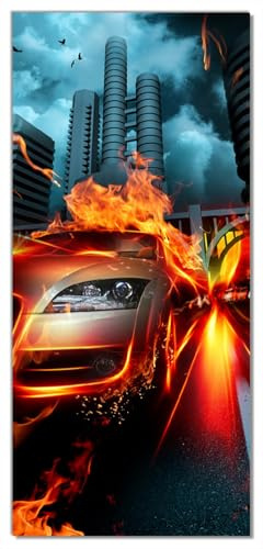 Wallario Selbstklebende Türtapete Brennendes fahrendes Auto - Türposter 93 x 205 cm Abwischbar, rückstandsfrei zu entfernen