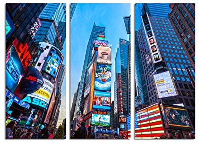 Paul Sinus Art 130x90cm – Keilrahmenbild New York Times Square Abend 3teiliges Wandbild auf Leinwand und Keilrahmen - Fotobild Kunstdruck Artprint
