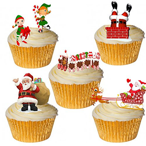 Lot de 24 décorations de gâteaux - Papier gaufré - Thème Père Noël & lutins - Qualité supérieure - Comestibles