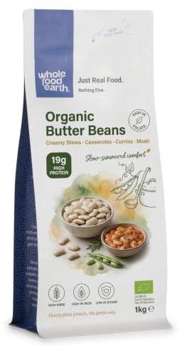 Wholefood Earth Organic Butter Beans 1kg GMO Free | Vegan | High Fibre | High Protein | Certified Organic