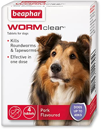 Beaphar - WORMclear® Tablets for Dogs up to 40kg - 4 Tablets - Kills All Common UK Intestinal Worms (Roundworms & Tapeworms) - Vet Strength Wormer - Pork-Flavoured - For dogs over 2 weeks old & 3kg