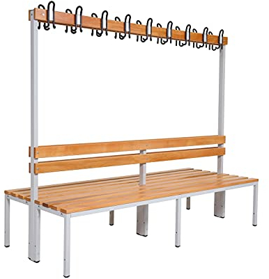 furni24 Umkleidesitzbank mit Stahlrahmen, Garderobenbank Sportraum Bank für Fitnessstudio Buche Echtholz, lackierter, Hakenleiste und TÜV/GS getestet - 200 cm Doppelseitige - Grau