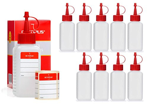 10x 100 ml Octopus HDPE-plastflaskor, t.ex. för vätskor, flytande flaskor eller plastflaskor med röda sprutlock/dropplock, inklusive etiketter