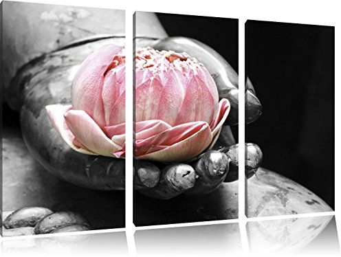 120x80 image sur la toile couché lotus dans une main d'un noir Bouddha / blanc sur 3 pièces image de toile, énorme XXL Photos complètement encadrée avec civière, art impression sur murale avec cadre, gänstiger comme la peinture ou la peinture à l'huile, aucune affiche ou un poster