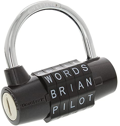 WordLock 63-millimeter Resettable Choose Your Own Word 5-dial Hardened Steel Shackle Combination Padlock - 100,000 Choices, Black | 128276