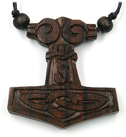 Drachensilber Thors Hammer Schmuck Holz Wikinger Kettenanhänger Schnitzerei Mjölnir Handarbeit Kette inkl. Band