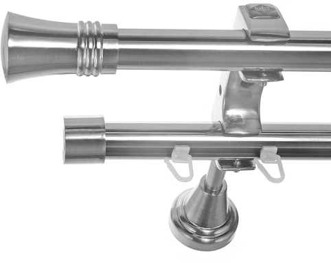 BASIT Gardinenstange Innenlauf Edelstahllook 20mm 2-läufig Wand 160cm H60RI | Gardinenstangenset doppelläufig Wandmontage Metall Vorhangstange Wandhalterung 120-600cm wählbar Kappe Knauf E86
