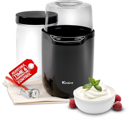Euro Cuisine YM360 Yogurt Maker with Adjustable Time & Temperature Control - 2-Quart Glass Jar, FREE Thermometer & Cotton Strainer Bag, 2025 Edition, Black, Make Yummy Organic Probiotic Yogurt at Home