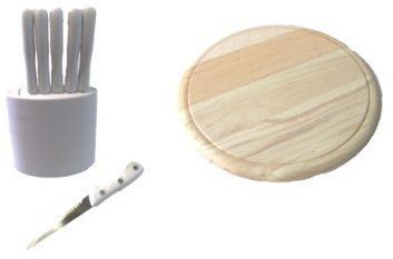 Schneidebrett, rund ø 23 x 1,8 cm, + 6er Packsteak Pizzamesser weiß + Messerblock