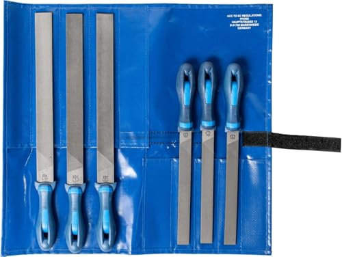 PFERD Verkstadsfil-set i PVC-rullväska, 6 filer, platt stubb, korsskuren H1, H2, H3 och längd 200 mm, 300 mm, 1180055 – för bearbetning rätvinkliga geometrier
