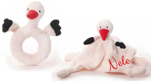 Baby-Geschenk-Set Storch mit Namen bestickt Kuscheltuch Greifling Geschenk Geburt Taufe Junge Mädchen