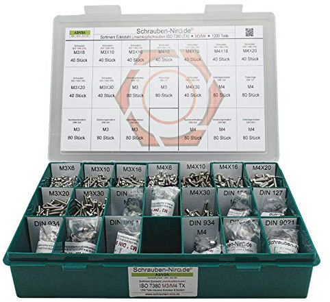 Sortiment M3 + M4 ISO 7380-1 Edelstahl A2 (V2A) Flachrundkopfschrauben Innensechsrund (Torx) - Set mit Schrauben, Scheiben (DIN 125, 127, 9021) und Muttern (DIN 934, 985) - 1200 Teile
