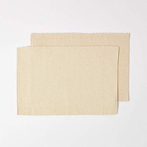 HOMESCAPES 2er-Set Tischsets Creme aus 100% Baumwolle gerippt, Platzsets rechteckig aus Stoff, waschbare Platzdeckchen