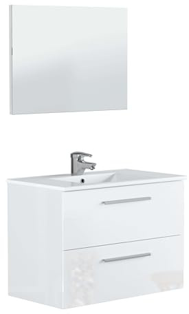 ONDÉE Mueble de Baño Aruba, Cerámica, Cierre Suave, 80 x 57,5 cm, Blanco | Cerámica, Cierre Suave, Extraplano, Espejo Incluido, Entregado en Kit, Diseño Moderno y Minimalista
