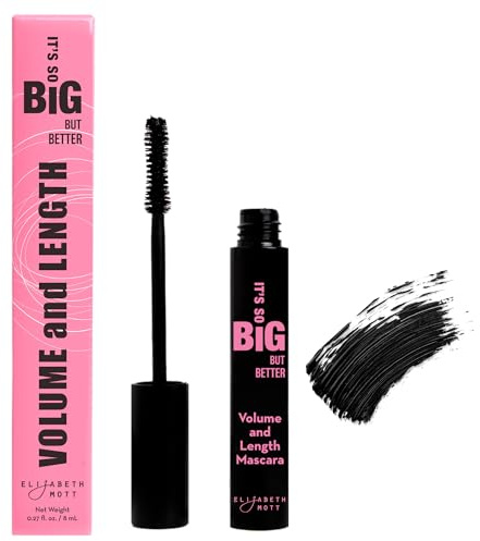 Elizabeth Mott Black Volumizing Mascara – Smudge-Proof, Lengthening Fiber Formula, Hourglass Wand – Clump-Free, Water-Resistant & Cruelty-Free – Safe for Lash Extensions, Long-Lasting, Full-Size 8ml