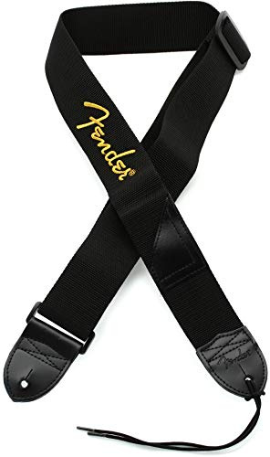 Fender Correa para Guitarra, Poliéster con Logo Amarillo, Ajustable 33”-53”, Negro