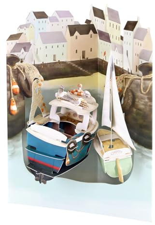 SANTORO Swing Card, 3D Pop Up Greeting Card - Seaside Harbour - Boats, Sailing and Fishing | for Him, for Dad, Father's Day, Birthday