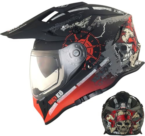 Broken Head Road Pirate VX2 Motocross-Helm - Motorradhelm Mit Sonnenblende - MX Cross-Helm In Schwarz & Rot - Größe (53-54)
