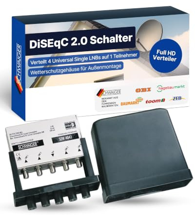 SCHWAIGER DiSEqC 2.0 Schalter 4 in 1 I SAT-Verteiler für 4 Universal Single LNBs auf 1 Teilnehmer I Satelliten-Umschalter mit Wetterschutzgehäuse I Multifeed SAT-Splitter für HD TV