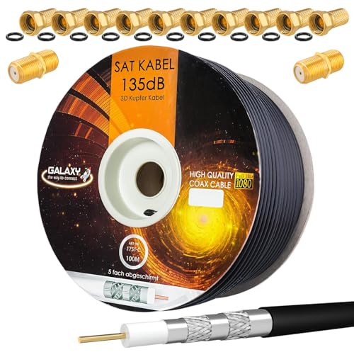 HB-Digital 100m 135dB Coaxial SAT Cable Pure KU Copper PRO Câble d'antenne coaxial 5 fois blindé pour les systèmes DVB-S/S2 DVB-C et DVB-T BK+10x connecteurs F plaqués or ET 2X connecteurs F Gratuit