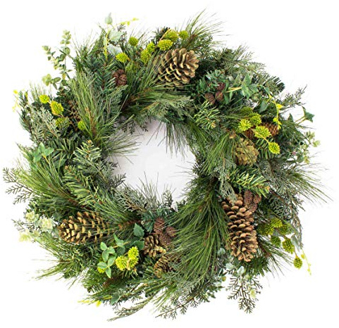 artplants.de Künstlicher Tannenkranz, Zapfen und Efeu, Ø 60cm - Türkranz - Weihnachtsdeko