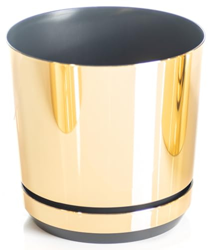 KERD Pot De Fleur Rond 21 cm Or Brillant – Plastique Recyclé – Décoré Manuellement – avec Soucoupe – Drainage Intégré – Brillant – Fabriqué en Europe