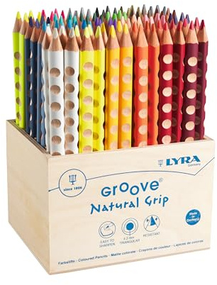 LYRA Groove Buntstifte lackiert ergonomischer Griff Schulbox 96 Stk. | Holzstifte, dreikant, Mine 4,3mm, Naturgriffzone, Rechts- und Linkshänder