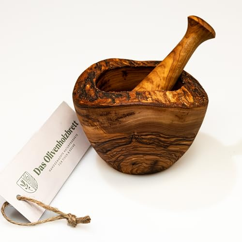 DAS OLIVENHOLZBRETT®Mörser und Stößel im Naturschnitt ca.18cm | Olivenholzmörser & Stößel Set / Holzmörser / robuster Knoblauch, Kräuter und Gewürz-Mörser