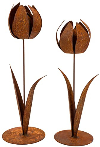 Rostikal 2er Deko Set Tulpe Blumen 27 cm und 30 cm Gartendeko Rost Tischdeko
