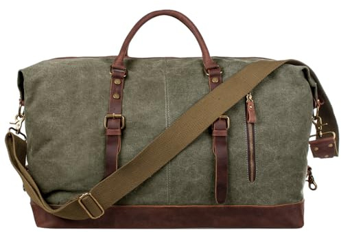 S-Zone Reisetasche, 60 l, groß, Leinen, echtes Leder, mit Zierbesatz, für Wochenend- und Übernachtungen, für Damen und Herren, Armee-grün, XL
