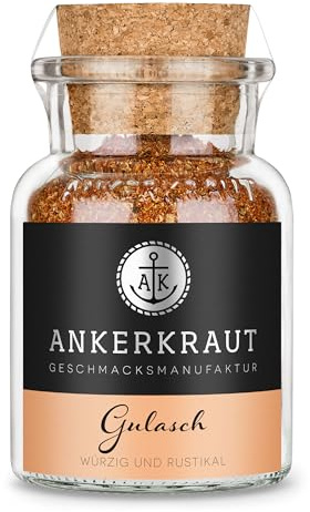 Ankerkraut Gulasch, Gewürzmischung mit Zwiebel, Majoran, Kümmel, Paprika edelsüß, Knoblauch, Piment und Pfeffer, schmeckt zu Nudeln und Kartoffeln, 80 g im Korkenglas