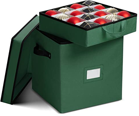 Zober Christmas Ornament Storage Box - Stores 64 Ornaments - Non-Woven, Tear- Proof Christmas Ornament Storage Containers - 3 Inch Cube Compartments - Green