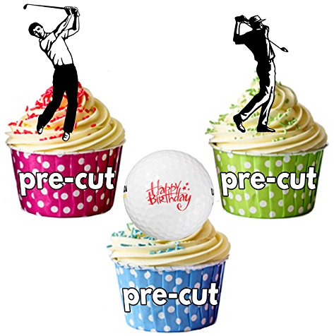 AK Giftshop PRE-CUT Golf Happy Birthday Golf Ball Player Mix - Edible Cupcake Toppers/Cake Decorations (Pack of 12)