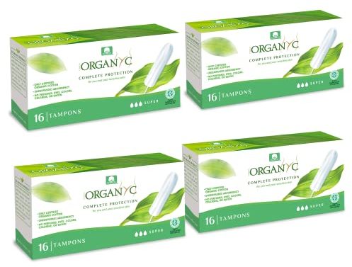 Organ(y)c, Tampons aus 100% zertifizierter Bio-Baumwolle für starke Tage - 4 Packungen zu je 16 Stück (Insgesamt 64 Stück)