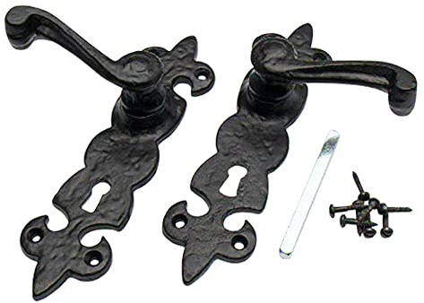 Merriway BH01855 Black Antique Fleur-de-Lys Design Lever Lock Door Handles, 195 mm x 50 mm