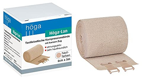 Höga Lan, Textilelastische Kompressionsbinde mit kurzem Zug - 6 cm x 5 m gedehnt sehr hautfreundlich, atmungsaktiv, elastisch, waschbar
