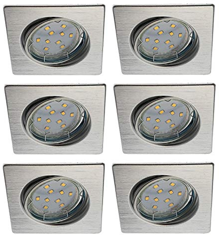 Trango 6er Set LED Einbaustrahler 6729-069S-5WAK in Aluminium gebürstet Eckig inkl. 6x 5 Watt 3000K warmweiß GU10 LED Leuchtmittel und Fassung, Einbauleuchte, Deckenspots, Einbauspots, Deckenleuchte