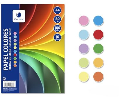 Golden - 100 hojas A4 80 grs, 10 colores surtidos.