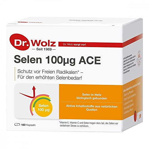 Selen ACE 100 µg von Dr. Wolz, Selen-Kapseln mit Vitamin C und E, für den Zellschutz, enthält Vitamine, Mineralstoffe und Spurenelemente, 180 Kapseln