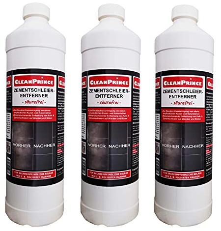 3 x 1 Liter = 3 Liter CleanPrince säurefreier Zementschleier-Entferner 1000 ml Zement Zementschleier Entferner säurefrei Bauabschlussreinigung Mörtel Baustelle Reiniger Reinigung Zementschleierentferner Entferner Zement Ablagerungen Schmutz Hausbau Verfugen Fliesen Fliesenleger säureempfindlichen Wandbeläge Fliesen Platten Bodenbeläge Kunststein Naturstein Marmor Jura Marmor Travertin Terrazzo Solnhofer Platten polierten saugfähigen Granit schonend Zementschleier Zementreste Kalkbeläge Schmutz