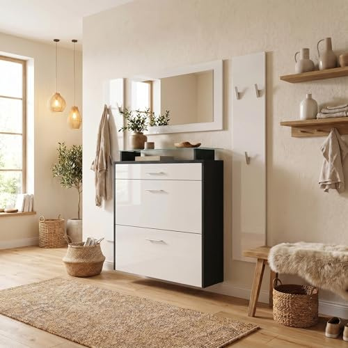 Vladon Garderobe Malea, Garderobenset bestehend aus 1 Hängeschuhschrank, 1 Wandspiegel und 2 Garderobenpaneele, Schwarz matt/Weiß Hochglanz