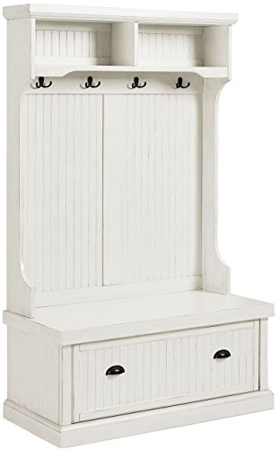 Crosley Furniture Seaside Hall Tree with Shoe Rack Bench and Coat Hooks for Hanging Storage, Distressed White