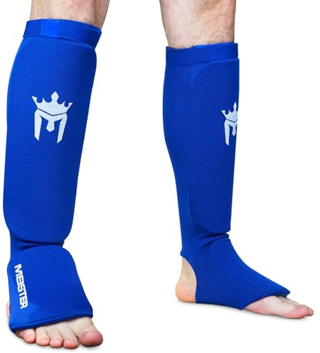Meister Protezione Tibia e protezione per il collo dei piedi in tessuto elastico MMA (coppia) - blu - M
