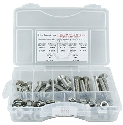 Sortiment DIN 7991 / ISO 10642 Edelstahl A2 Durchmesser M8, 118 Teile ; Senkkopfschrauben/Innensechskantschrauben, Material VA V2A