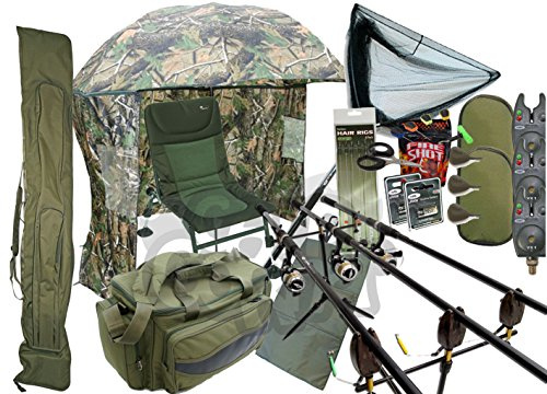 NGT Carp fishing Set Up 3 Rods Reels With Rodholdall Carryall Shelter Chair & Tackle