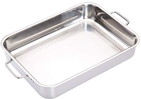MasterClass Deep Stainless Steel Roasting Tin with Folding Handles and Hob Compatible Design, 37 x 27 x 6.5cm, Silver