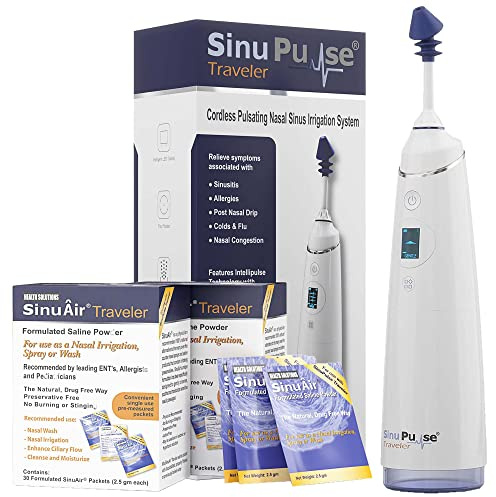 SinuPulse Traveler with 90 Sinuair Packets - Cordless Pulsating Nasal Irrigation Sinus Rinse System, Space Saving Cleaner & Relief Machine for Travel, More Effective than Neti Pot or Nose Spray Bottle