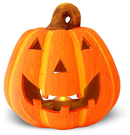 Decorazione con zucca con candela al LED, autunnale e per Halloween, 19 x 21 cm, in terracotta, con luce a LED a pile, effetto tremolante come nei lumini veri